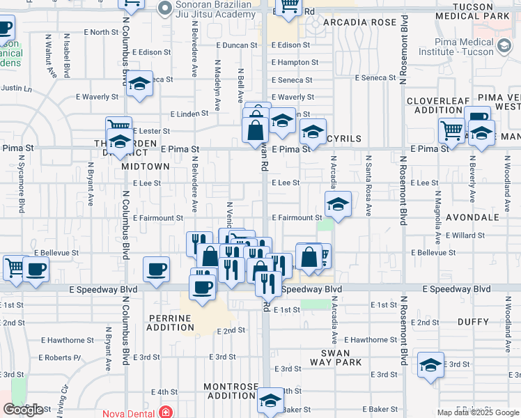 map of restaurants, bars, coffee shops, grocery stores, and more near 1510 North Benton Place in Tucson