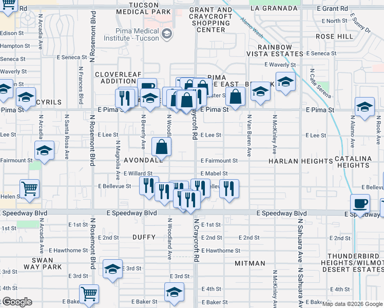 map of restaurants, bars, coffee shops, grocery stores, and more near 1502 North Craycroft Road in Tucson