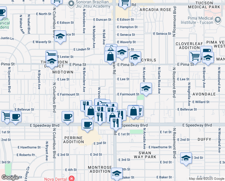 map of restaurants, bars, coffee shops, grocery stores, and more near 1510 North Benton Place in Tucson