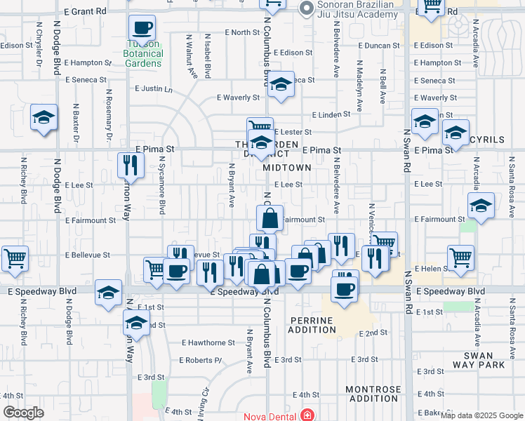 map of restaurants, bars, coffee shops, grocery stores, and more near 1530 North Columbus Boulevard in Tucson