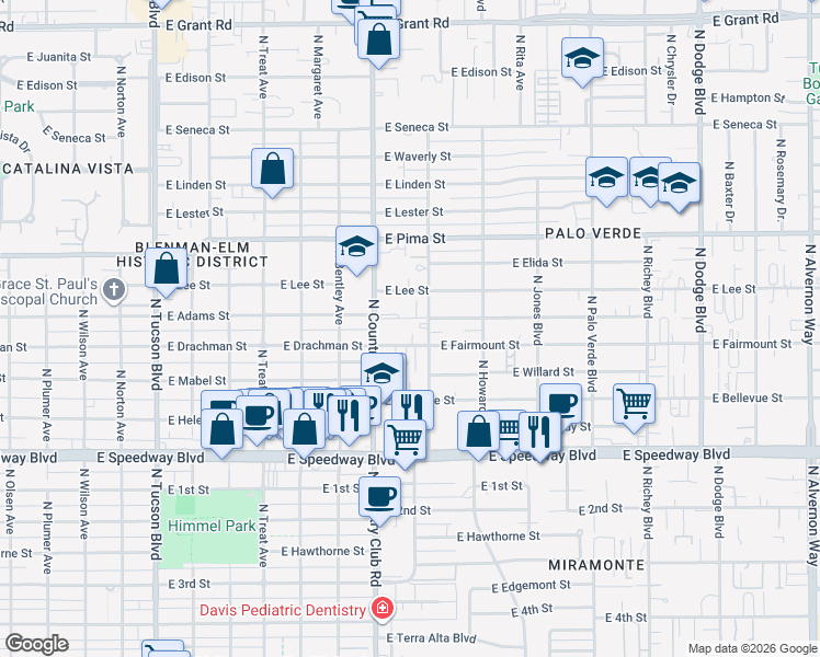 map of restaurants, bars, coffee shops, grocery stores, and more near 3150 East Lee Street in Tucson