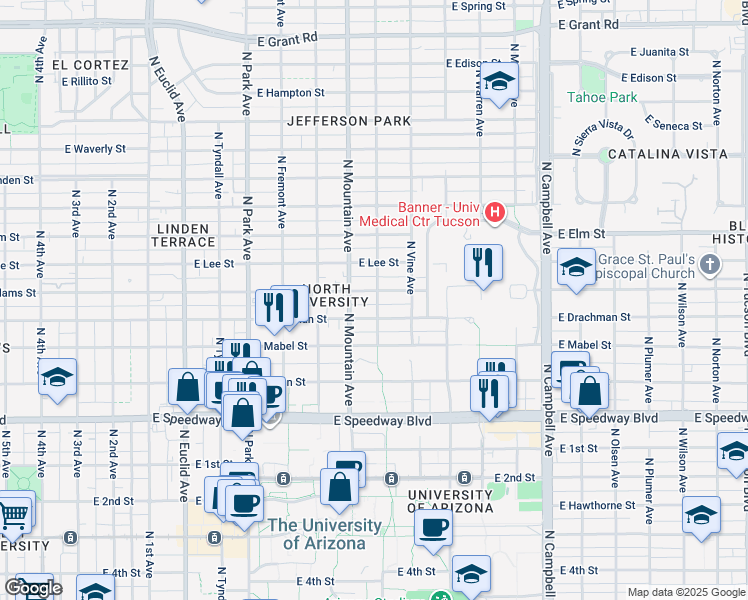 map of restaurants, bars, coffee shops, grocery stores, and more near 1315 East Adams Street in Tucson