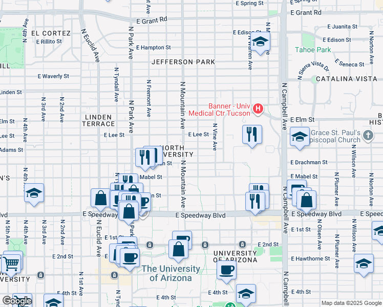 map of restaurants, bars, coffee shops, grocery stores, and more near 1315 East Adams Street in Tucson