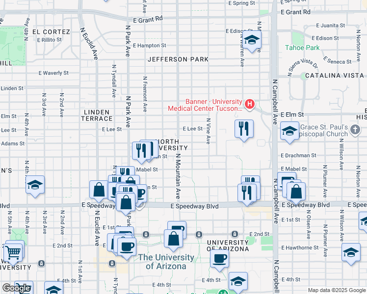map of restaurants, bars, coffee shops, grocery stores, and more near 1315 East Adams Street in Tucson