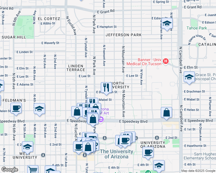 map of restaurants, bars, coffee shops, grocery stores, and more near 1103 East Adams Street in Tucson