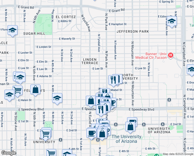 map of restaurants, bars, coffee shops, grocery stores, and more near 1524 North Tyndall Avenue in Tucson