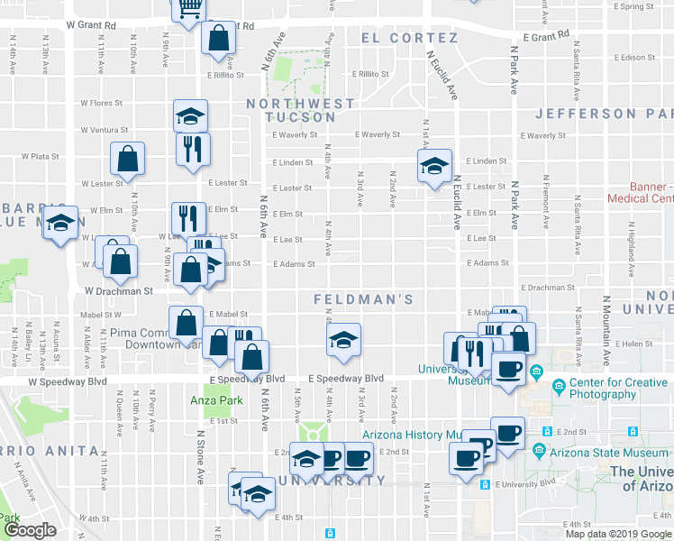 map of restaurants, bars, coffee shops, grocery stores, and more near 1530 North 4th Avenue in Tucson