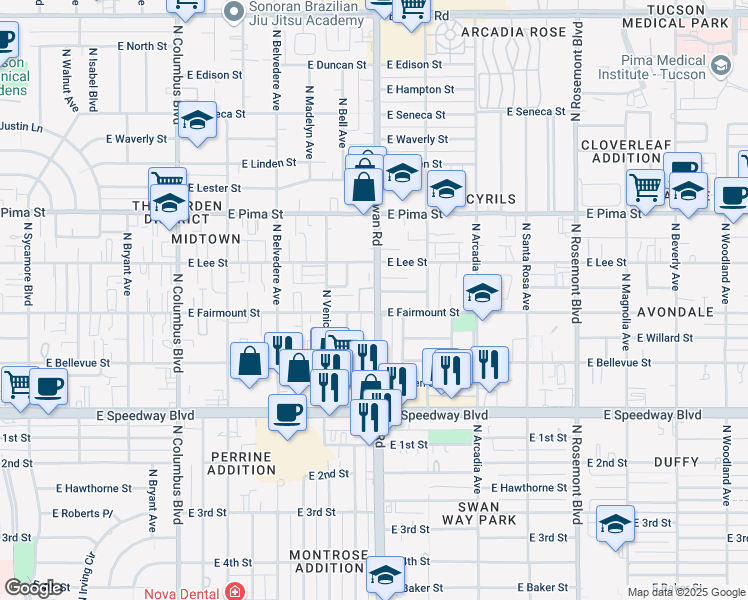 map of restaurants, bars, coffee shops, grocery stores, and more near 1429 North Swan Road in Tucson