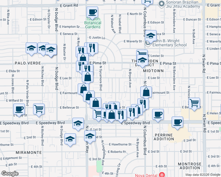 map of restaurants, bars, coffee shops, grocery stores, and more near 1510 North Louis Avenue in Tucson