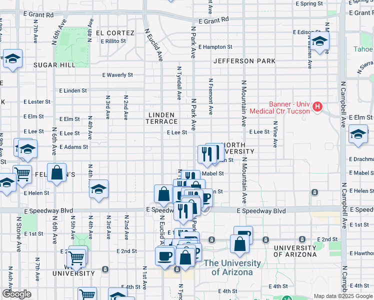 map of restaurants, bars, coffee shops, grocery stores, and more near 1524 North Tyndall Avenue in Tucson