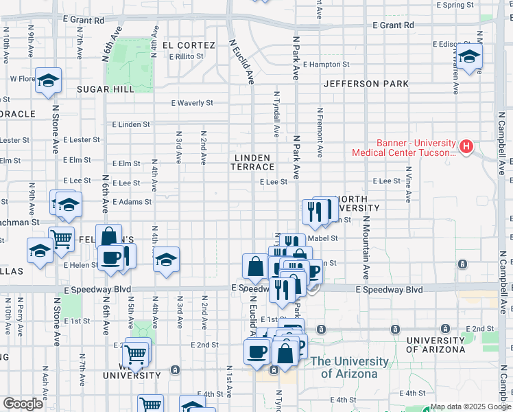 map of restaurants, bars, coffee shops, grocery stores, and more near in Tucson