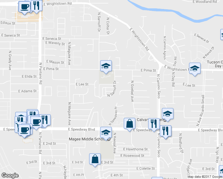 map of restaurants, bars, coffee shops, grocery stores, and more near 8360 East Lee Street in Tucson