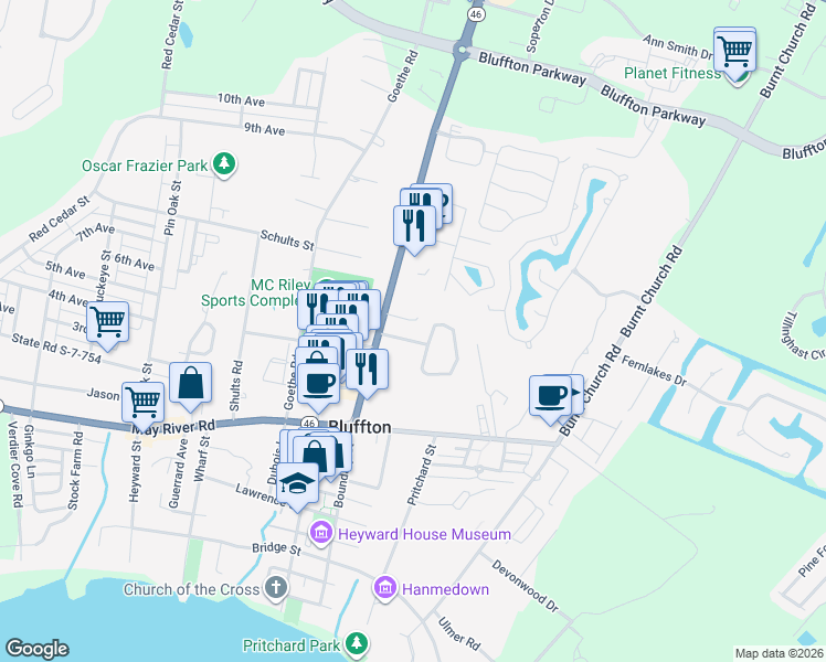 map of restaurants, bars, coffee shops, grocery stores, and more near 172 Bluffton Road in Bluffton