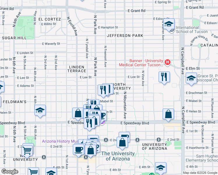 map of restaurants, bars, coffee shops, grocery stores, and more near 1103 East Adams Street in Tucson