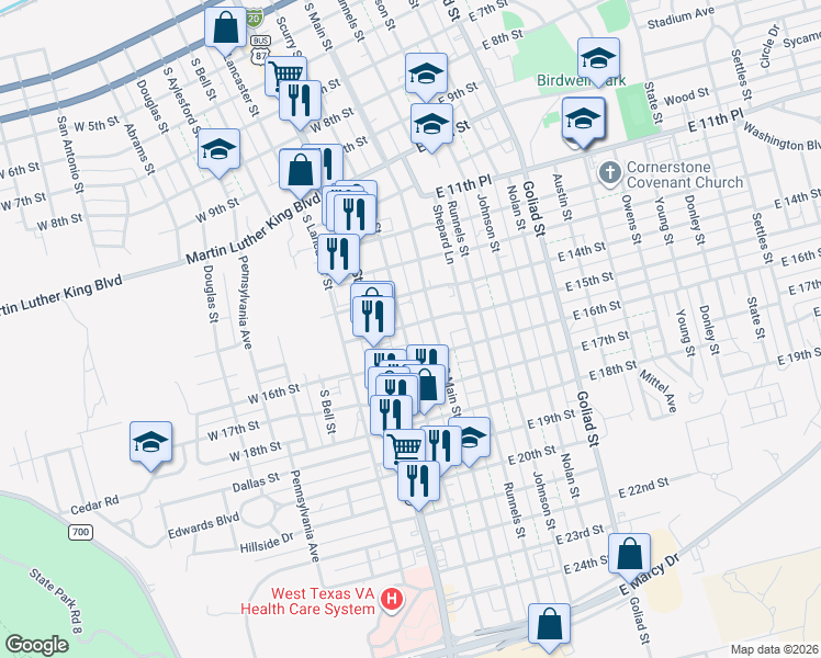 map of restaurants, bars, coffee shops, grocery stores, and more near 1501 Scurry Street in Big Spring