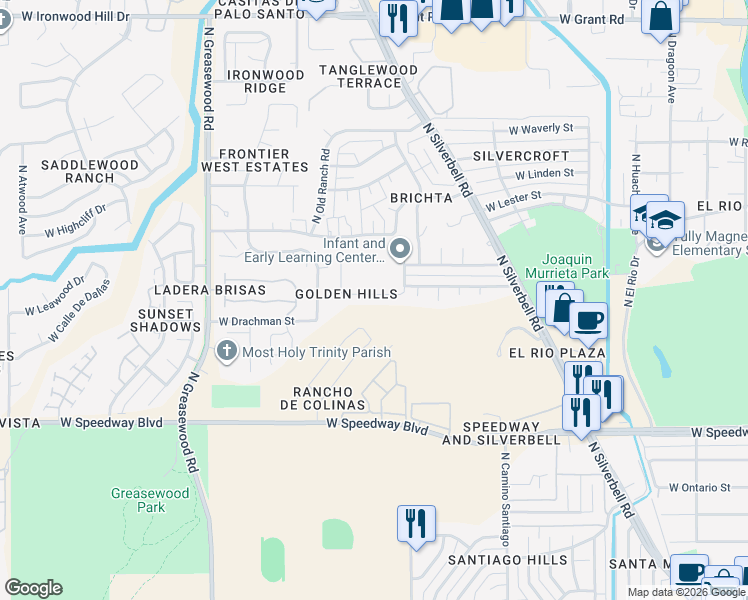 map of restaurants, bars, coffee shops, grocery stores, and more near 2167 West Cll Campana De Plata in Tucson