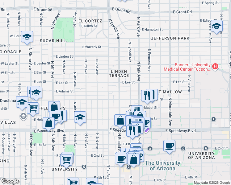 map of restaurants, bars, coffee shops, grocery stores, and more near in Tucson