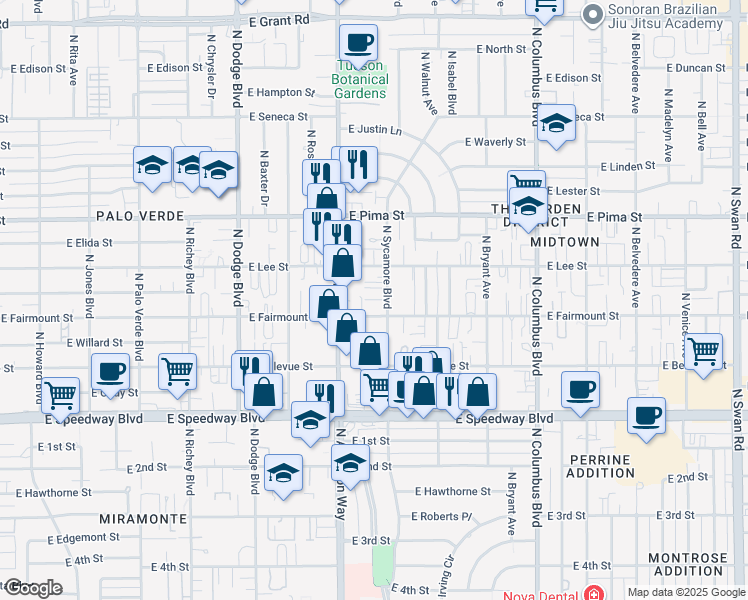 map of restaurants, bars, coffee shops, grocery stores, and more near 1451 North Sycamore Boulevard in Tucson
