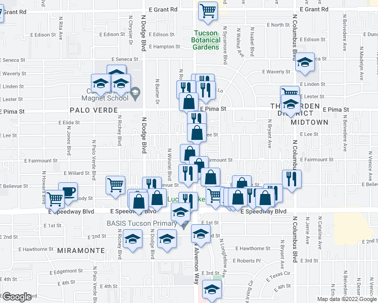 map of restaurants, bars, coffee shops, grocery stores, and more near 1507 North Alvernon Way in Tucson