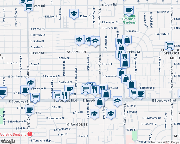 map of restaurants, bars, coffee shops, grocery stores, and more near 1508 North Richey Boulevard in Tucson