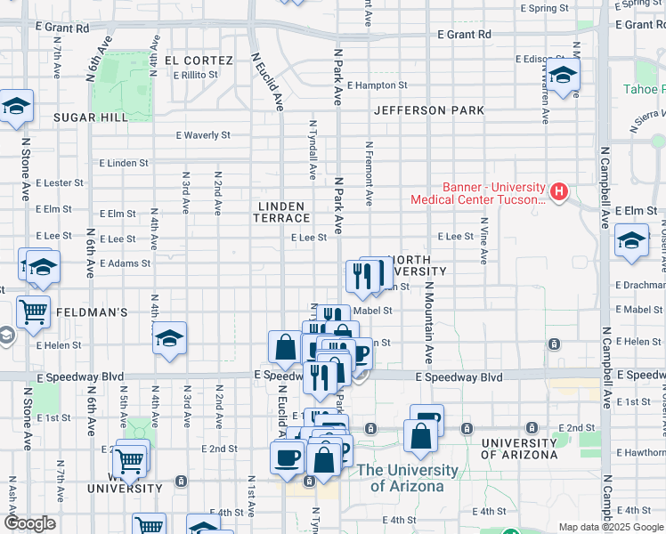 map of restaurants, bars, coffee shops, grocery stores, and more near 1520 North Park Avenue in Tucson