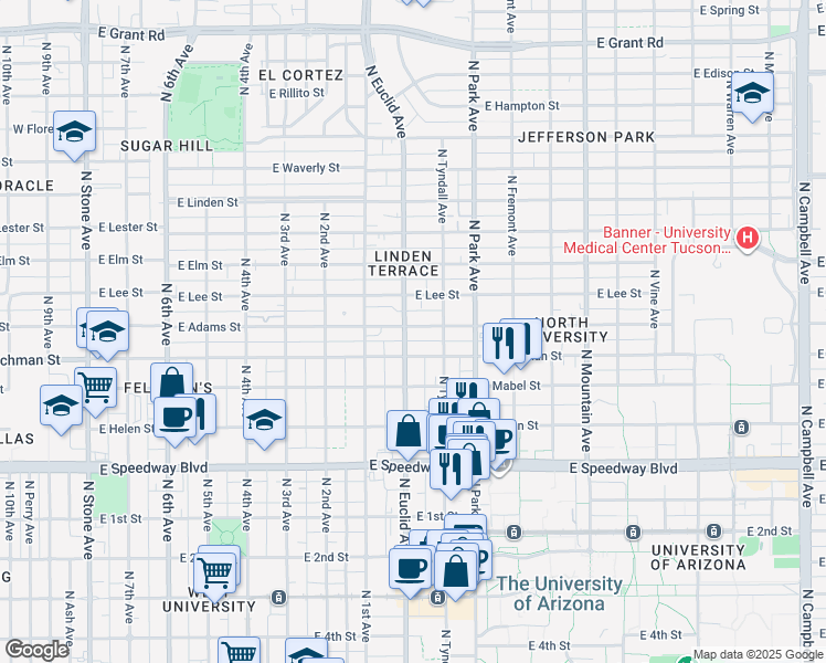 map of restaurants, bars, coffee shops, grocery stores, and more near in Tucson