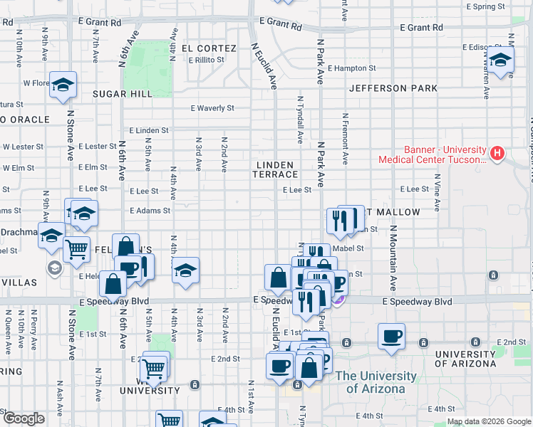 map of restaurants, bars, coffee shops, grocery stores, and more near in Tucson