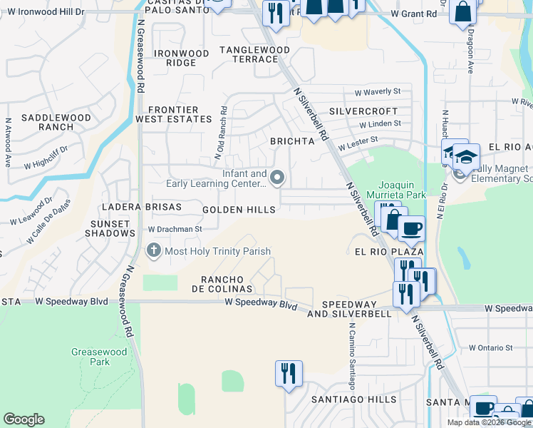 map of restaurants, bars, coffee shops, grocery stores, and more near 2167 West Cll Campana De Plata in Tucson