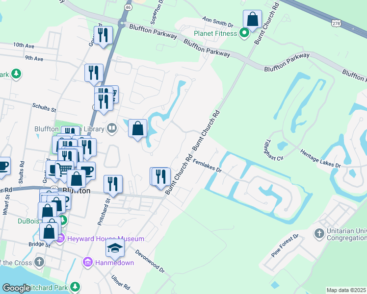 map of restaurants, bars, coffee shops, grocery stores, and more near 14 Lake Linden Lane in Bluffton
