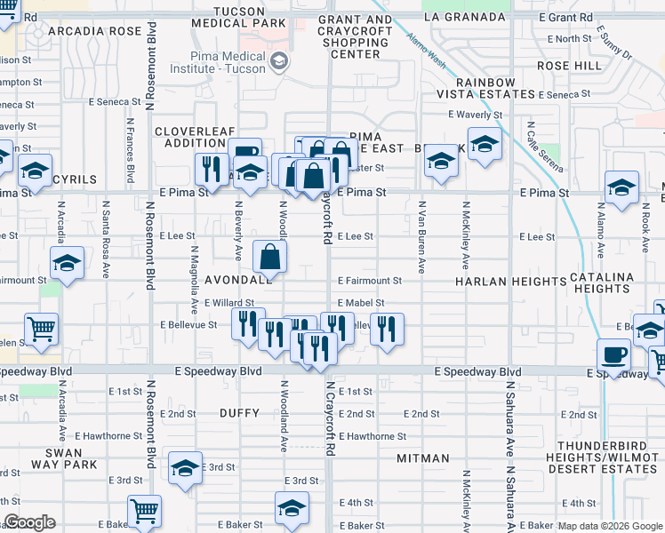 map of restaurants, bars, coffee shops, grocery stores, and more near 1420 North Craycroft Road in Tucson