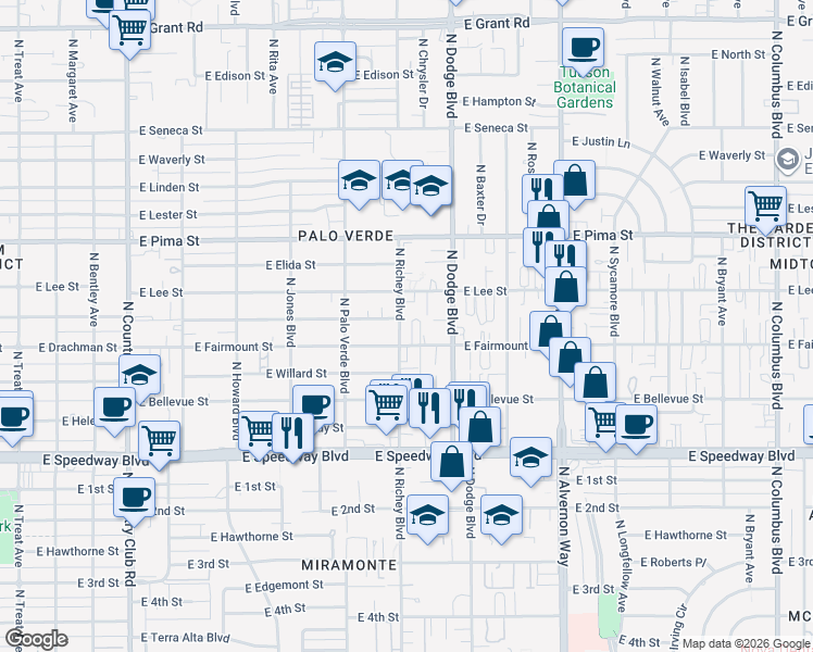 map of restaurants, bars, coffee shops, grocery stores, and more near 1508 North Richey Boulevard in Tucson