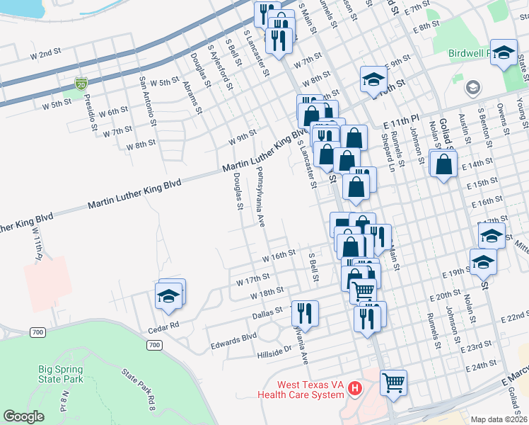 map of restaurants, bars, coffee shops, grocery stores, and more near 1303 Pennsylvania Avenue in Big Spring