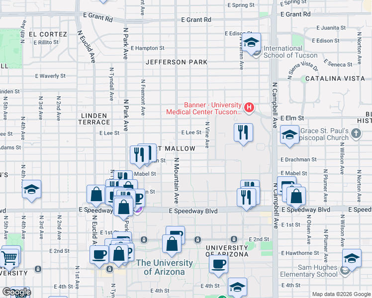 map of restaurants, bars, coffee shops, grocery stores, and more near 1328 East Adams Street in Tucson