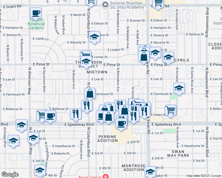 map of restaurants, bars, coffee shops, grocery stores, and more near 4426 East Lee Street in Tucson