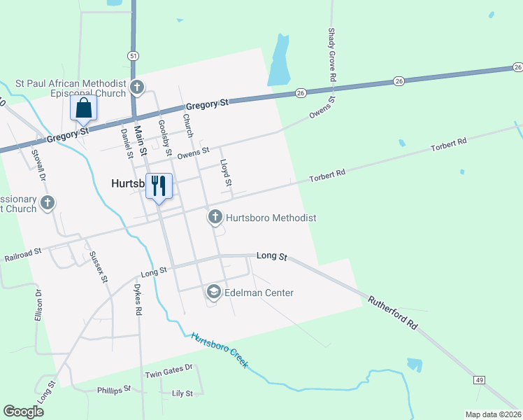map of restaurants, bars, coffee shops, grocery stores, and more near 733 Railroad Street in Hurtsboro