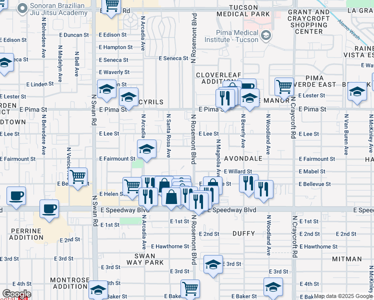 map of restaurants, bars, coffee shops, grocery stores, and more near 1515 North Rosemont Boulevard in Tucson
