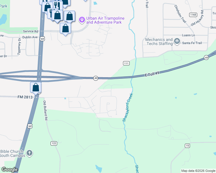 map of restaurants, bars, coffee shops, grocery stores, and more near 506 Skipping Stone Lane in Tyler