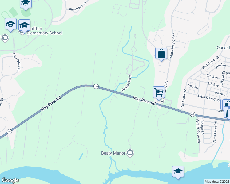 map of restaurants, bars, coffee shops, grocery stores, and more near 1060 May River Road in Bluffton
