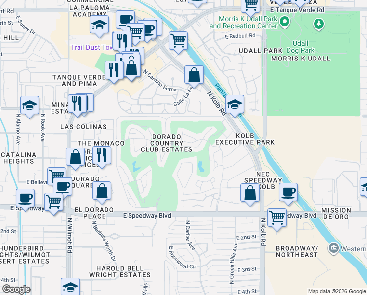 map of restaurants, bars, coffee shops, grocery stores, and more near 6741 East Dorado Boulevard in Tucson