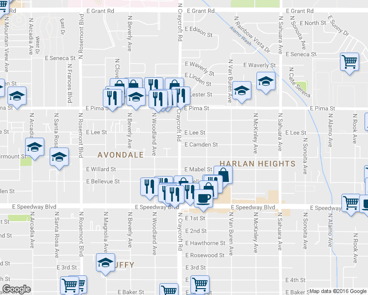 map of restaurants, bars, coffee shops, grocery stores, and more near 1502 North Craycroft Road in Tucson