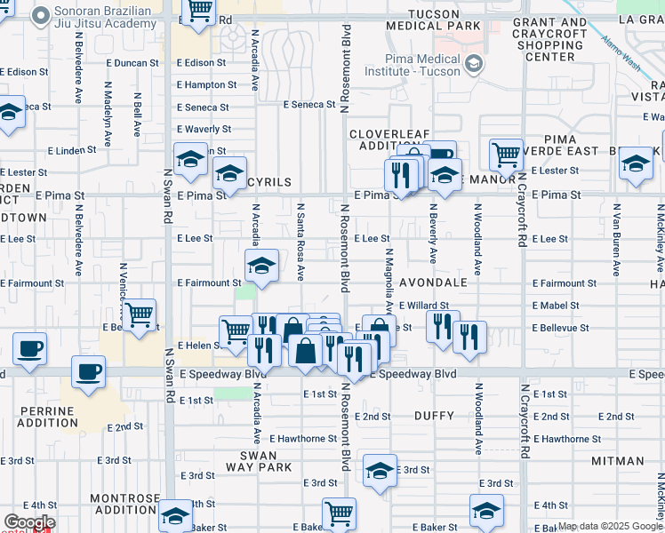 map of restaurants, bars, coffee shops, grocery stores, and more near 1515 North Rosemont Boulevard in Tucson