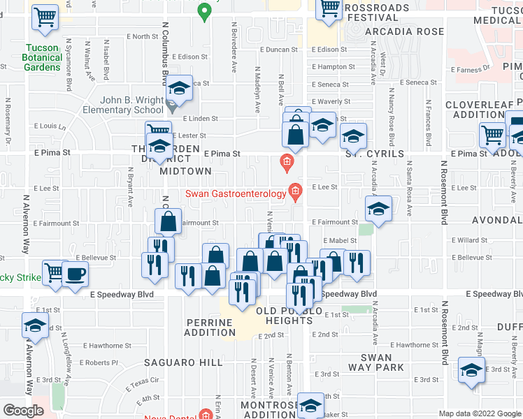 map of restaurants, bars, coffee shops, grocery stores, and more near 1501 North Venice Avenue in Tucson