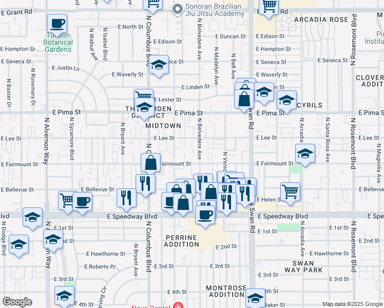 map of restaurants, bars, coffee shops, grocery stores, and more near 4426 East Lee Street in Tucson