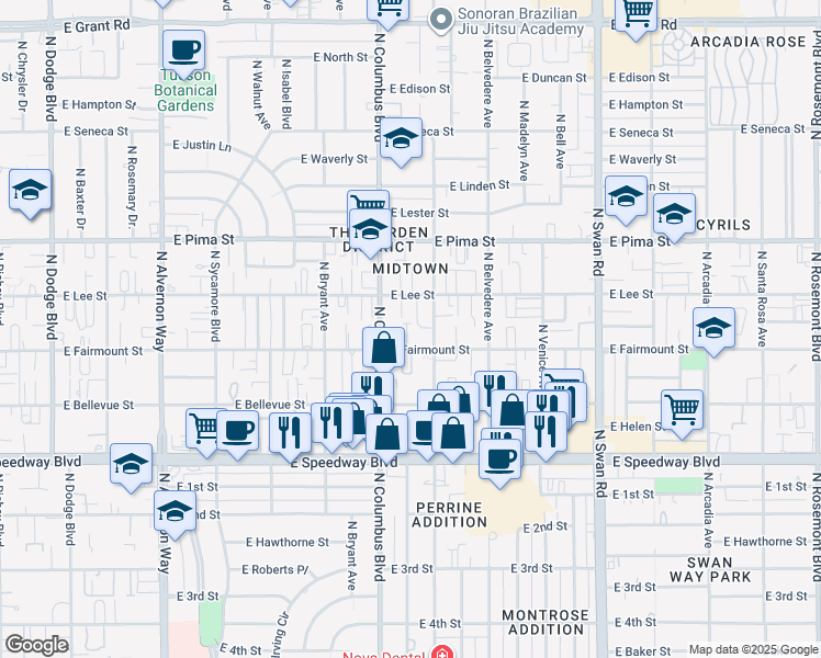 map of restaurants, bars, coffee shops, grocery stores, and more near 1521 North Catalina Avenue in Tucson