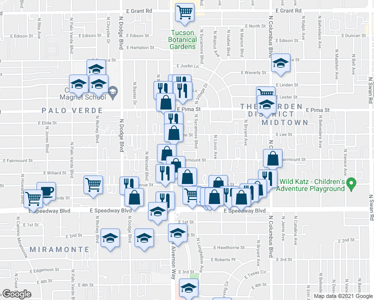 map of restaurants, bars, coffee shops, grocery stores, and more near 1451 North Sycamore Boulevard in Tucson