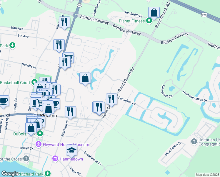 map of restaurants, bars, coffee shops, grocery stores, and more near 14 Lake Linden Lane in Bluffton
