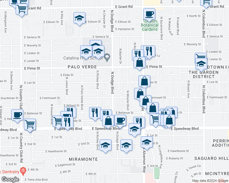 map of restaurants, bars, coffee shops, grocery stores, and more near 1426 North Dodge Boulevard in Tucson