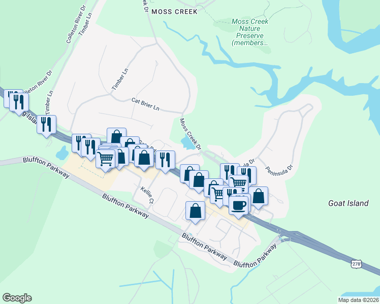 map of restaurants, bars, coffee shops, grocery stores, and more near 8 Stable Gate Road in Hilton Head Island
