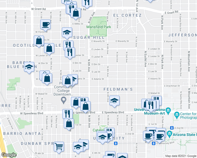 map of restaurants, bars, coffee shops, grocery stores, and more near E Adams St & N 5th Ave in Tucson