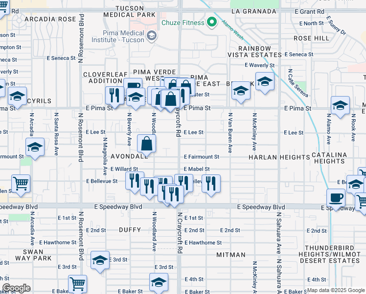 map of restaurants, bars, coffee shops, grocery stores, and more near 1502 North Craycroft Road in Tucson